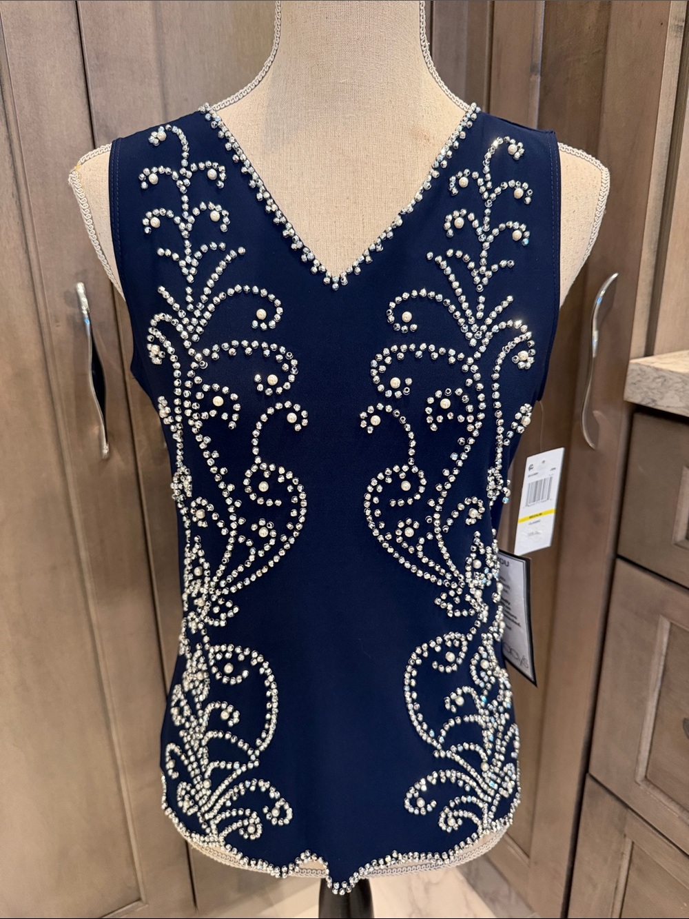 28th & Park Brand Navy Embellished V-Neck Beaded Top